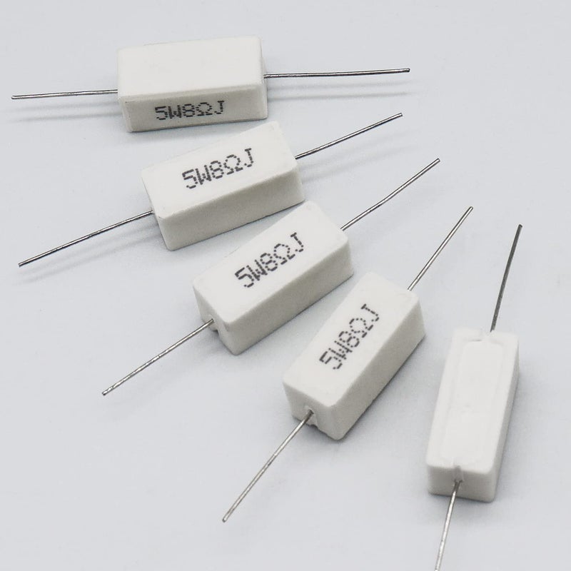 Dimlove Cement Resistor,10 PCS 5W 5% Axial Lead Wire Resistor White Wound Fixed Ceramic Cement Resistors Wirewound Cement Power Resistors Flame Heat Moisture Resistance Precharge Horizontal Resistors (5W 8ΩJ) - Image 4